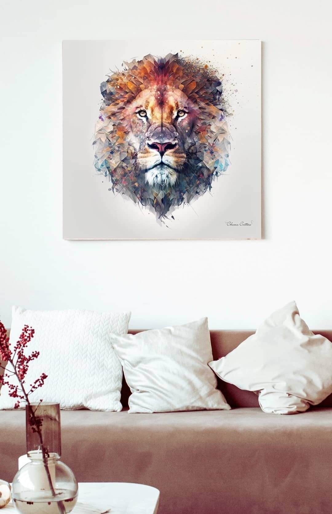 Colored Lion Head Canvas in the wall above sofa in living room